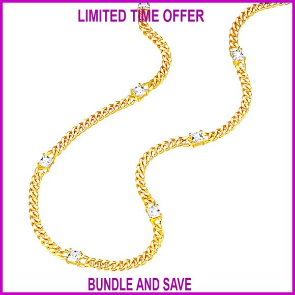 18K Gold Plated Curb Chain Necklace with CZ Stones 14